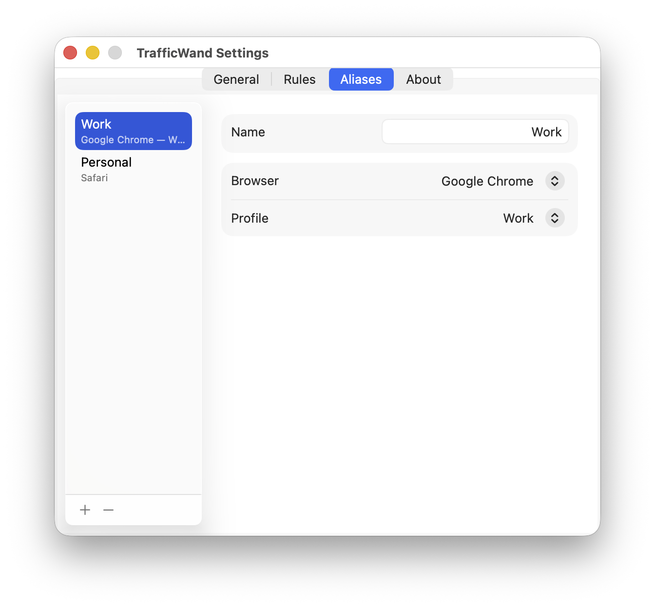 TrafficWand settings window showing named browser and profile aliases