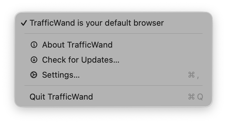 Traffic Wand menu opened from the macOS menu bar