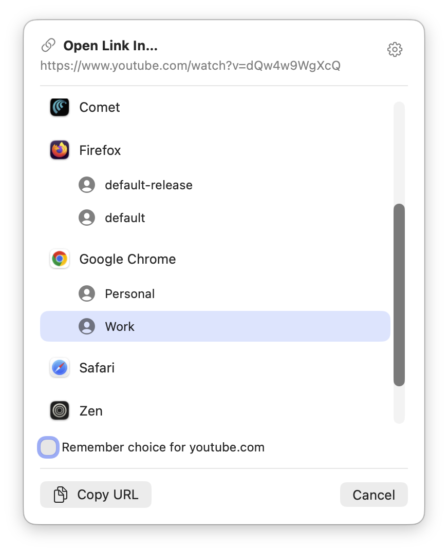 Floating picker panel listing installed browsers and profiles