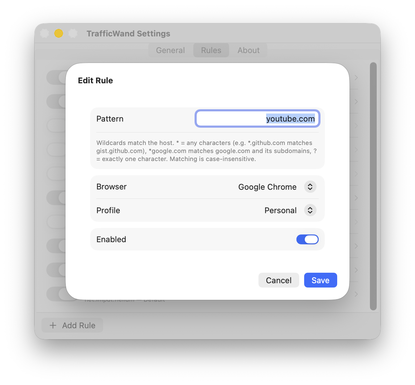 Rule editor with browser and profile selection